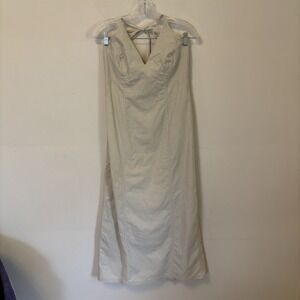 Y2K Linen Midi Dress V-Neck Tan Linen Cotton Blend Babydoll Preppy US 10‎